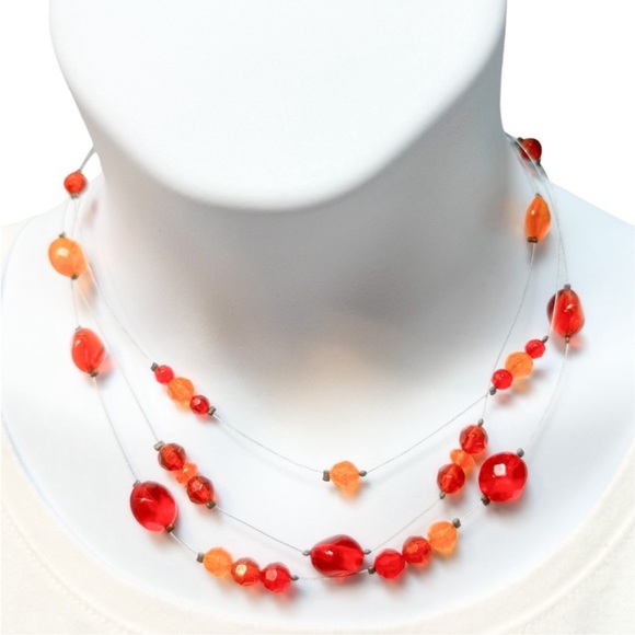 Jewelry - Orange & Red Multi-Strand Beaded Necklace – Lightweight & Layered